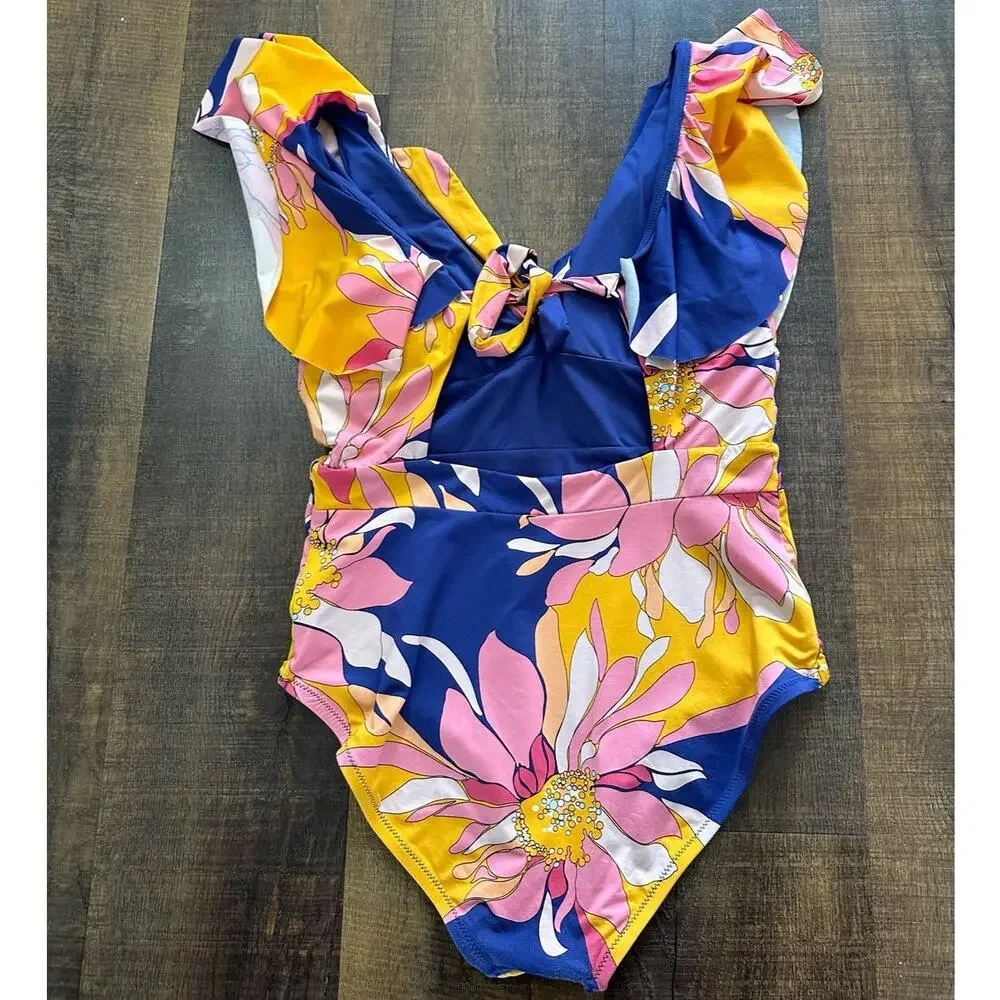 Trina Turk Breeze Ruffle Plunge Floral Print One Piece Swimsuit Size 12